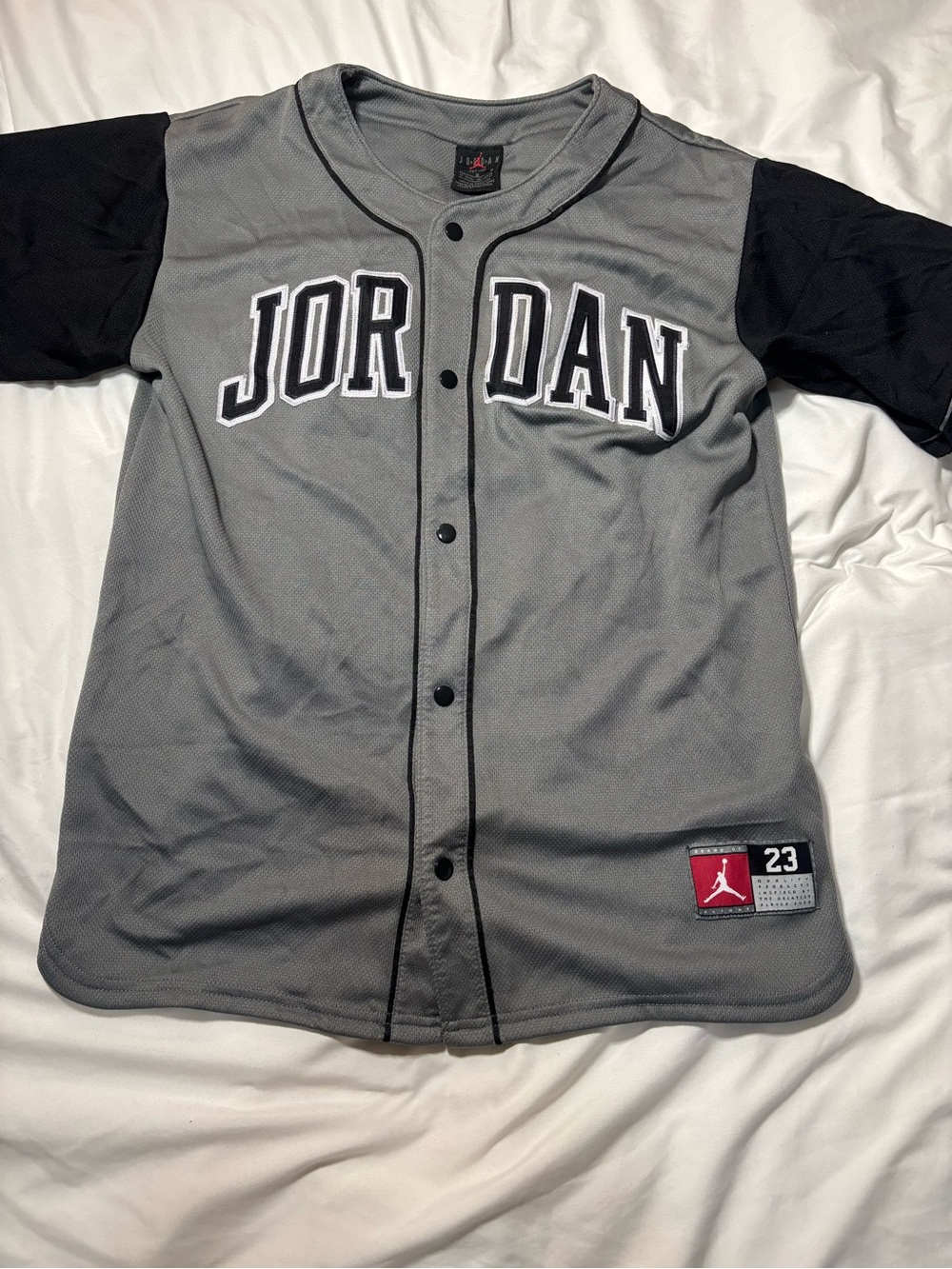 Jordan Men’s Grey and Black Button-Front Baseball Jersey